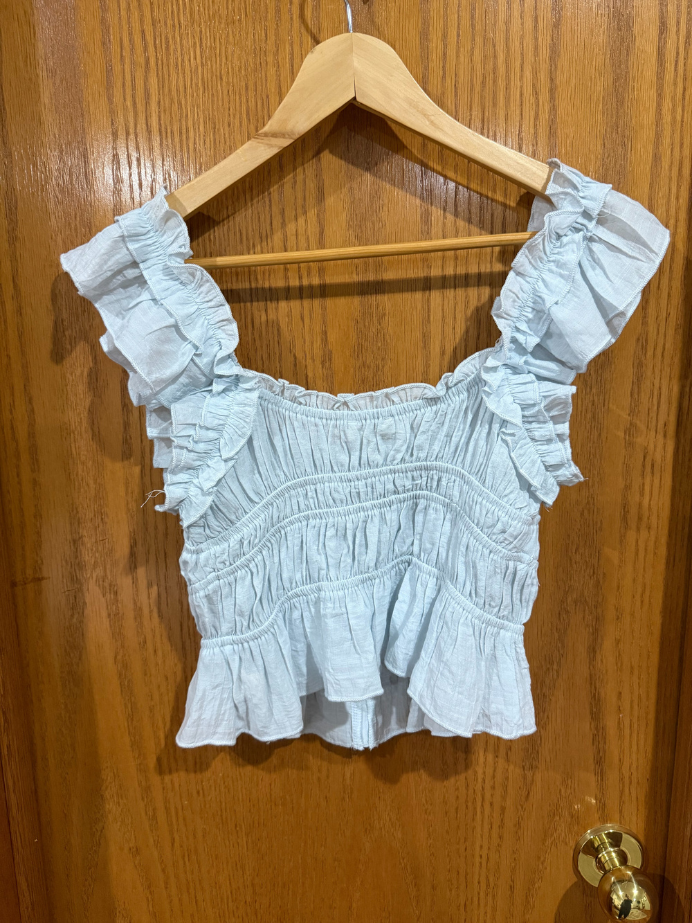Thirty Three Light Blue Ruched Ruffle Button Front Top Size S - Picture 5 of 5